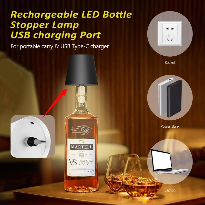 Hoide Store 2025 New Wireless Bottle Lamp - LED Bottle Lights for Liquor & Wine Bottles, Cordless Lampshade, Whiskey Bottle Top Light, Bottle Stopper Night Light Kit, Rechargeable 3-Tone Touch-Dimmable 2 PCS - Image 3